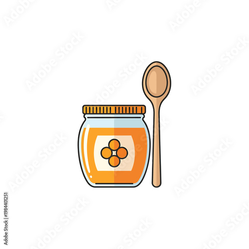 Vector Illustration of a Honey Jar with Lid and Wooden Spoon