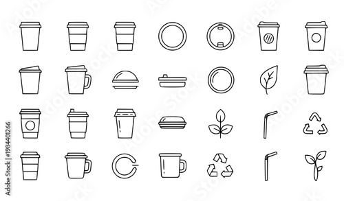 Takeaway beverage disposable cup linear icon set cafe vector