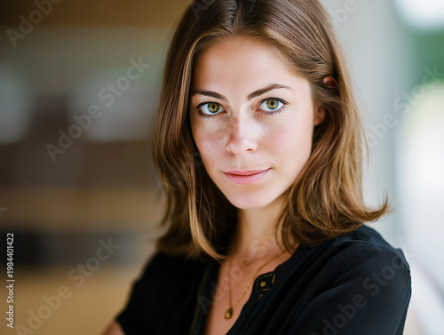 Poised Elegance: A captivating portrait of a woman exudes confidence and serenity, her gaze direct and inviting. Her natural beauty is highlighted in soft light.