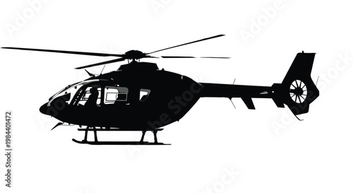 Black helicopter silhouette, aircraft icon, rotorcraft illustration, transportation symbol