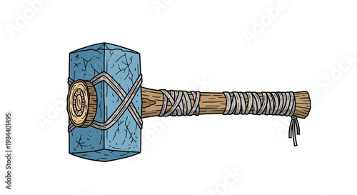 Detailed illustration of a primitive stone hammer or war mallet with a wooden handle tied with rough rope and bandages.