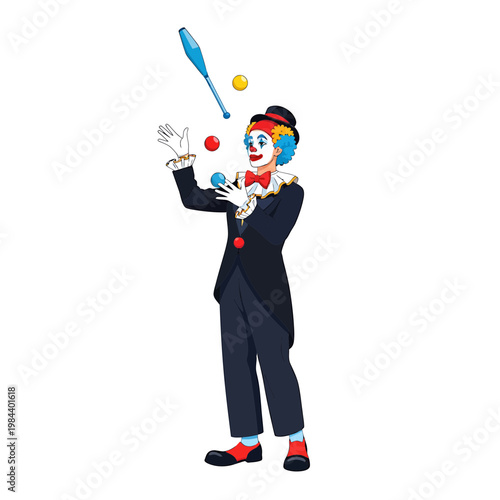 Vector illustration of a professional clown juggling balls and clubs