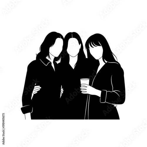 Minimalist Silhouette Vector of Three Female Friends Hugging