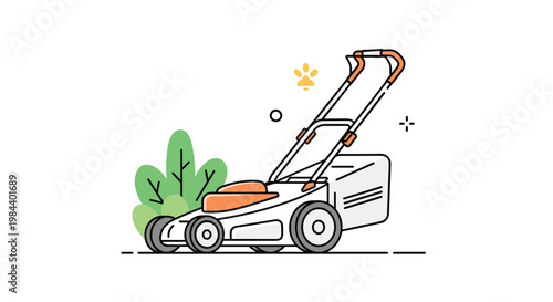 Modern electric lawn mower illustration with orange and gray accents next to a small green bush on a white background.