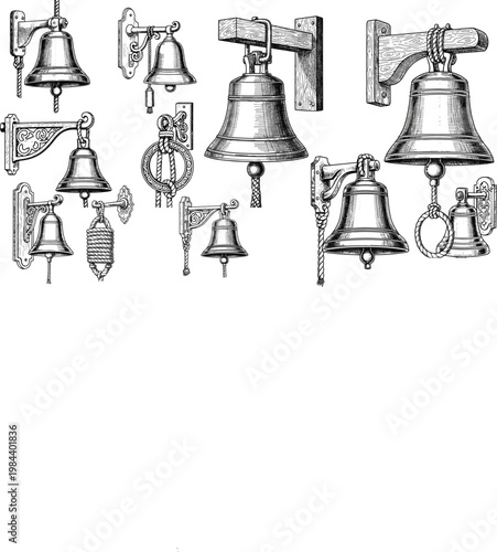 Vintage Bell Icon Set Featuring Various Bell Designs and Hanging Styles for Antique, Rustic, and Decorative Designs