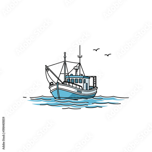 Blue Fishing Boat Vector Illustration on Waves with Seagulls