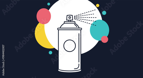 Stylized line art illustration of a spray can with colorful abstract circles in the background against a dark blue backdrop.