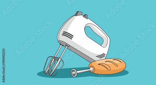 Electric hand mixer illustrated in a clean vector style with a fresh loaf of bread and a whisk on a bright blue solid color background.