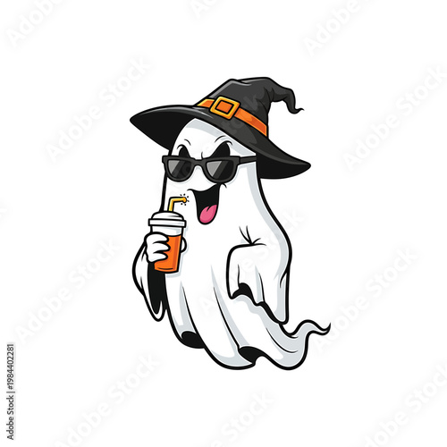 Cool Halloween Ghost with Witch Hat and Sunglasses Vector Illustration