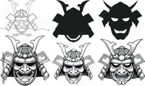 Samurai Helmet Icon Set Featuring Various Designs, Masks, and Traditional Japanese Warrior Elements for Culture, History, and Martial Arts Designs