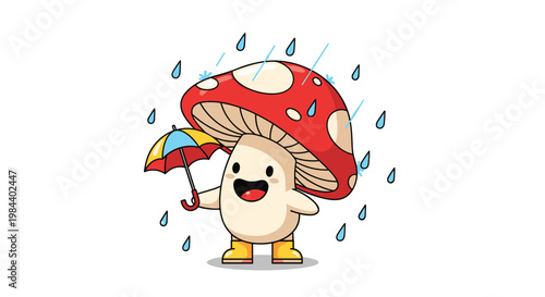 Cute cartoon mushroom character wearing bright yellow boots and holding a small colorful umbrella while standing in the pouring rain.