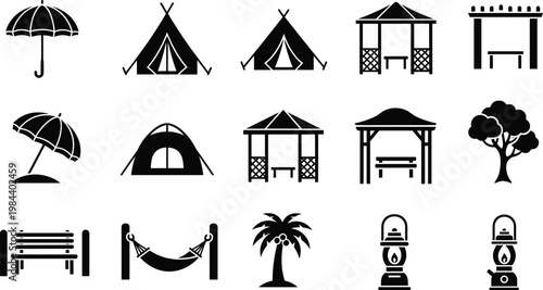 Outdoor and Camping Icon Set Featuring Tents, Umbrellas, Benches, Trees, and Lanterns for Travel, Adventure, and Nature Designs