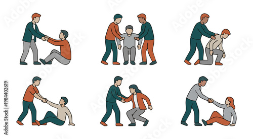People helping people flat icons set, helping hand and support concept. Diverse characters assisting others to stand up, showing teamwork, empathy, kindness, community care, social assistance, and uni