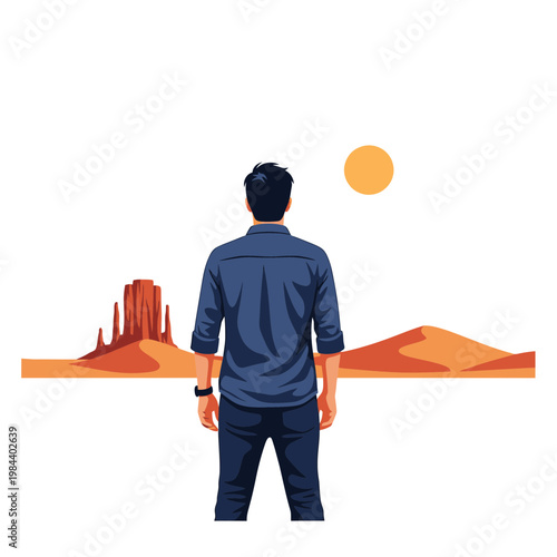 Man Standing and Looking at Desert Landscape Vector Illustration