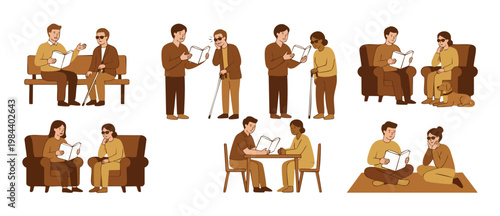 Volunteer reading book to blind person set, helping visually impaired people with accessible literature, companionship concept, inclusive support scenes with characters sitting and interacting togethe