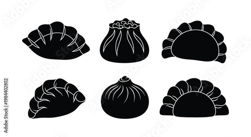 A collection of diverse dumpling shapes in a black silhouette