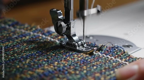 Close-up Macro of Sewing Machine Needle Stitching Colorful Textured Fabric in Tailor Shop
