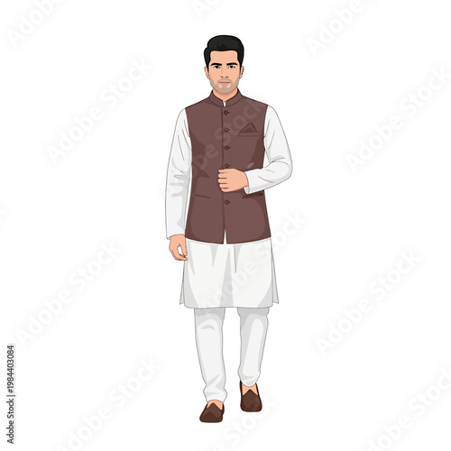 Vector Illustration of Man in Indian Kurta Pajama and Nehru Jacket