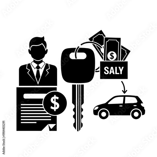 Car Sales and Auto Financing Process Vector Illustration