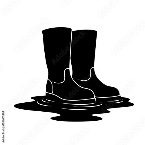 Silhouette of rubber rain boots standing in water puddle vector icon