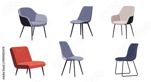 Set of six contemporary chair designs in various colors including blue grey and red with modern black legs on a plain white background.