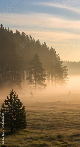 Misty morning meadow with pine trees and golden sunlight filtering through the fog creating a serene and tranquil natural landscape scene