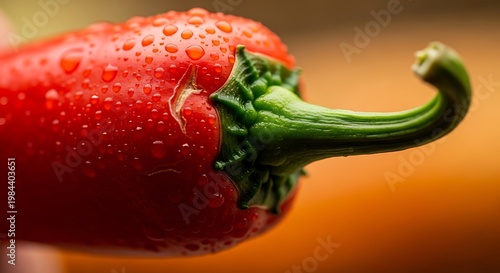 A vibrant red chili pepper covered in refreshing water droplets, showcasing its fresh and spicy appeal.