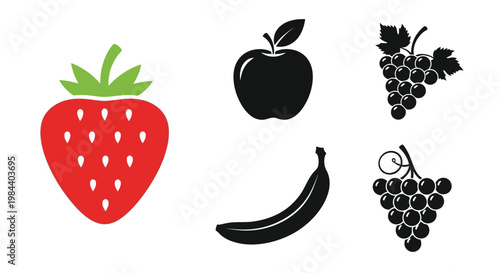 Colorful fruit assortment with bold black shapes and silhouette