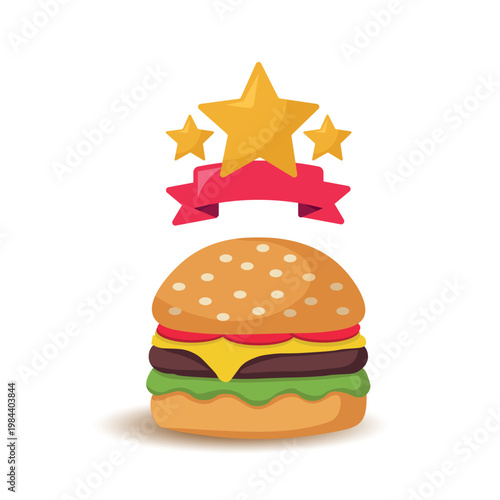 Best quality burger with golden stars and red ribbon, premium fast food vector illustration