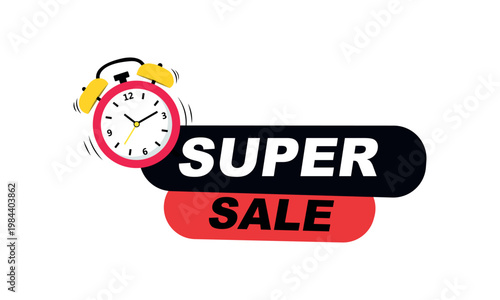 Super sale banner with ringing alarm clock, limited time offer and countdown concept vector illustration