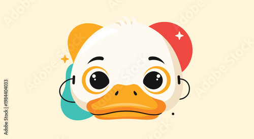 Close up portrait of a cute cartoon duck face with large expressive eyes and a bright orange beak on a soft pastel yellow background.