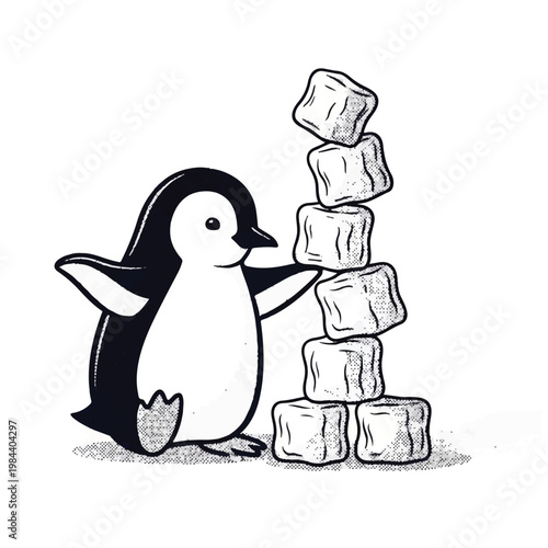 Penguin Playing With Ice Cubes.