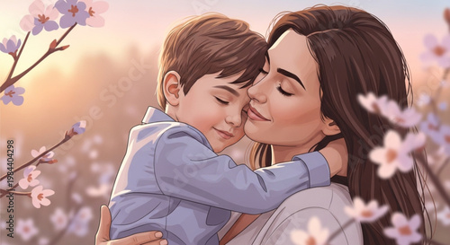 Vector composition of mother and son in a loving embrace at sunset, pastel shades of rose, beige and lavender, blurred background with flowers, premium style for a commercial campaign.
