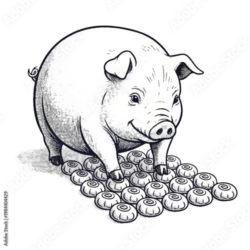 Pig standing on coins smiling.