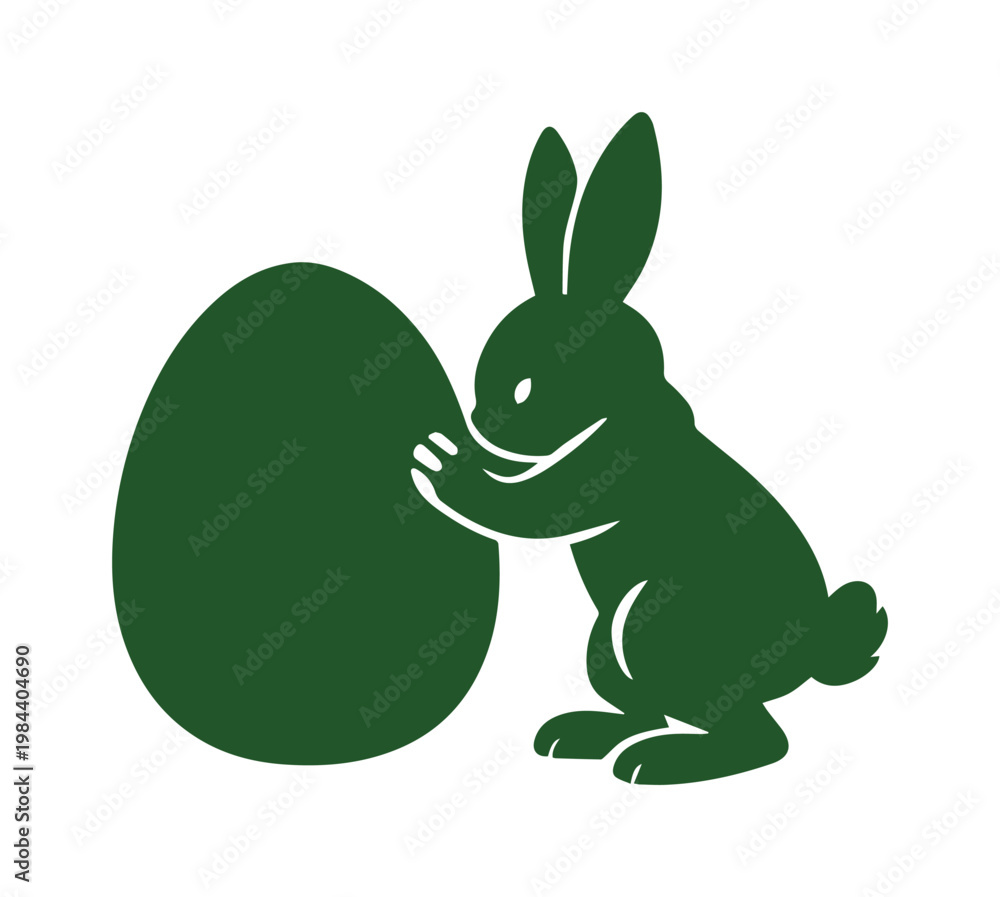 Obraz premium Charming Easter bunny silhouette, dark green rabbit pushing a large egg, festive spring holiday graphic, simple vector illustration for seasonal designs and branding.