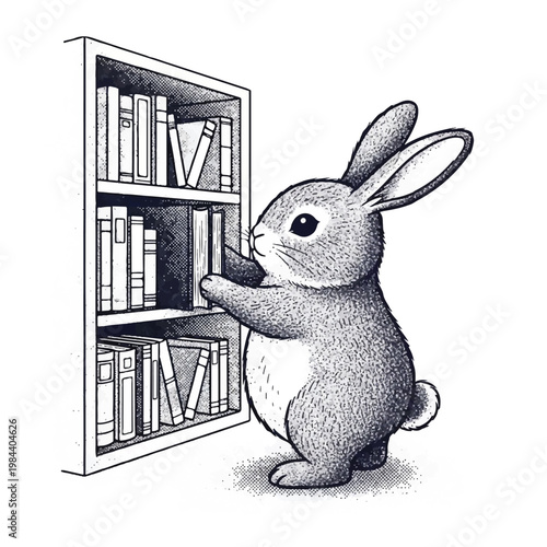 Rabbit standing next to bookshelf reading.