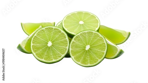 A vibrant pile of fresh lime slices on a white background