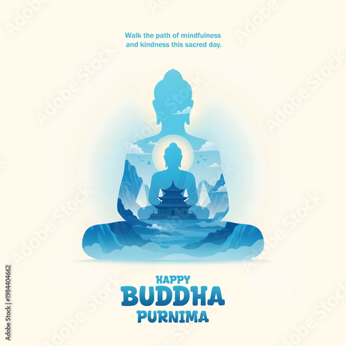 Happy Buddha Purnima Greeting Poster with Lord Buddha, Vesak Festival Spiritual Peace Background