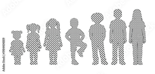 Children growth stages vector set. Kids development silhouettes, from toddler to pre-teen, black and white graphic resource for educational and family projects.