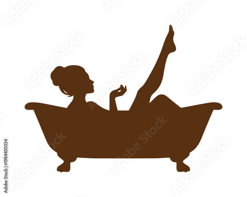 Elegant woman silhouette in a classic bathtub, dark brown vector illustration. Relaxing bath time, self-care, and spa concept graphic asset.