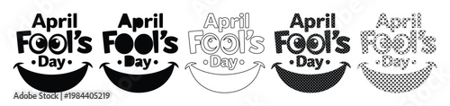 April Fool's Day vector text set, playful typography with smiley faces, black and white graphic elements, humorous holiday design for cards and banners
