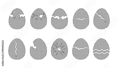 Cracked egg vector set, broken eggshell illustrations, hatching egg graphic elements, abstract black and white egg designs for spring, Easter, or new beginnings.