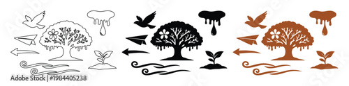Nature and Environment Vector Icon Set, stylized tree, dove, plant sprout, cloud, paper plane, and wind elements, ideal for eco-friendly designs and sustainability concepts