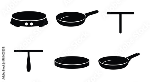 Crepe maker and frying pan vector icon set, essential kitchenware for cooking pancakes and flatbreads, black silhouette graphic resources for culinary designs.