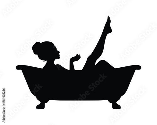 Elegant woman bathing in a classic clawfoot tub, a serene silhouette vector illustration. Relaxing female figure enjoying a luxurious bath, perfect for spa, beauty, and wellness designs.