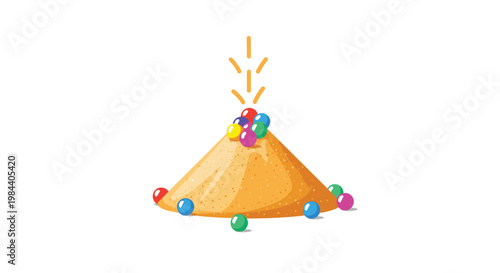 Sand mountain resembling a volcano erupting with various colorful spherical balls on a white background as a creative toy or play concept.