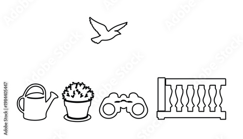 Minimalist garden and nature vector icons, black and white line art set. Outdoor leisure and hobby graphic elements, simple silhouette illustrations for web and print design.