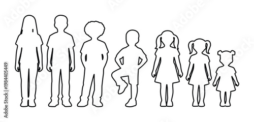 Children's growth stages vector set, diverse age group silhouettes, kids and teenagers in various poses, black and white outline graphics for educational or design projects