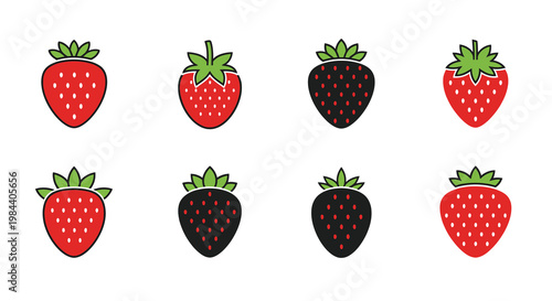 Variations of strawberry illustrations with different colors and styles silhouette