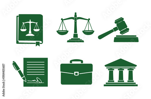 Green law and justice icons, legal system symbols, court and lawyer vector graphics. Essential law enforcement and legal professional toolkit, justice scale, gavel, and document set.